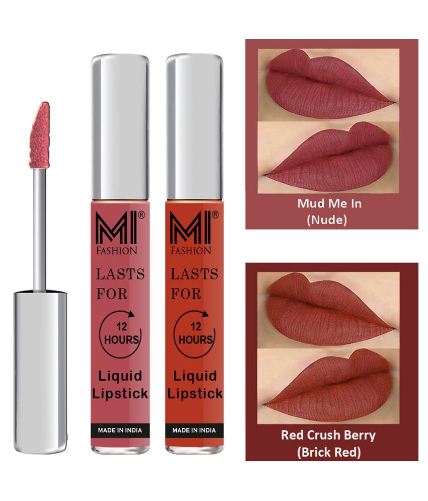     			MI FASHION Highly pigmented Lip Gloss Liquid Lipstick Brick Red Nude Pack of 2 6 mL