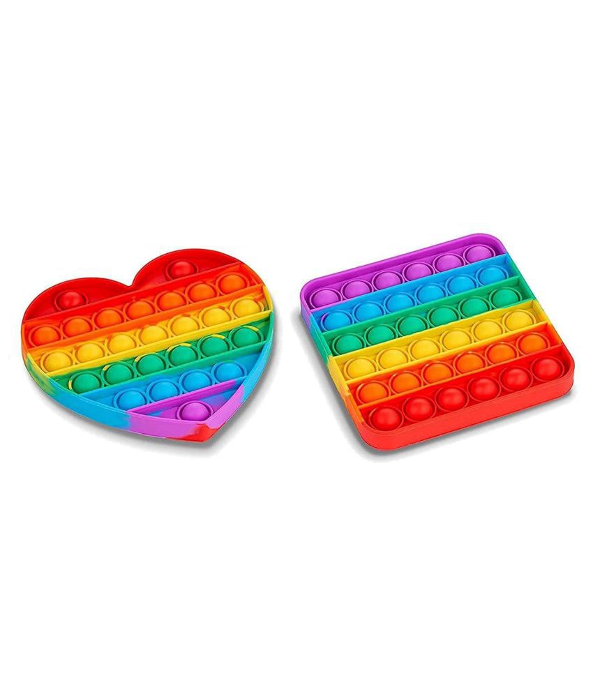 WISHKEY Silicone Set Of 2 Square & Heart Shapped Colorful Rainbow Push Pop It Bubble Sensory Fidget Stress Relief Anti-Anxiety Satisfying Relaxing Toy for Kids and Adults (Pack of 2, Multicolor)