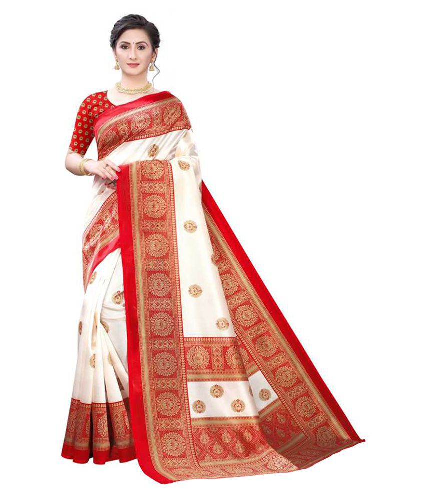 POSHYAA FASHION Red Art Silk Printed Party Wear Saree with Blouse Piece