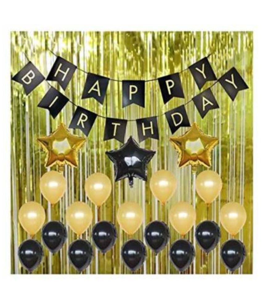     			KR Solid Happy birthday 1 letter black banner ,30pcs black and gold metallic balloons ,2 pcs curtain fringe gold ,3 star shape foil balloons 18 “1 black ,2 golden star