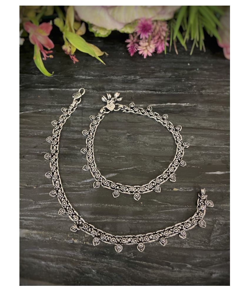 German Oxidised Silver Anklets Floral/Heart Shape Design Payal Silver Plating Ghungroo Foot Jewellery