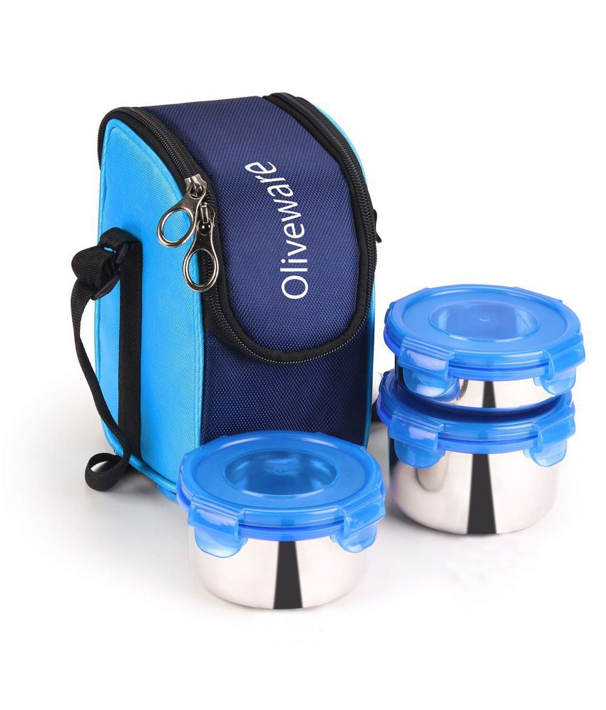 Oliveware Macho Stainless Steel Lunch Box 3 Air-Tight Containers with Bag - Blue