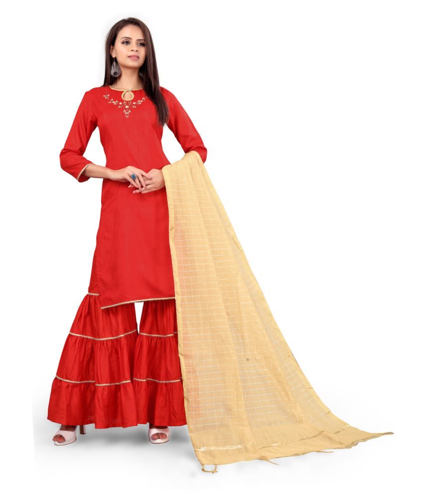     			Madhuram Textiles Red Art Silk Straight Kurti -