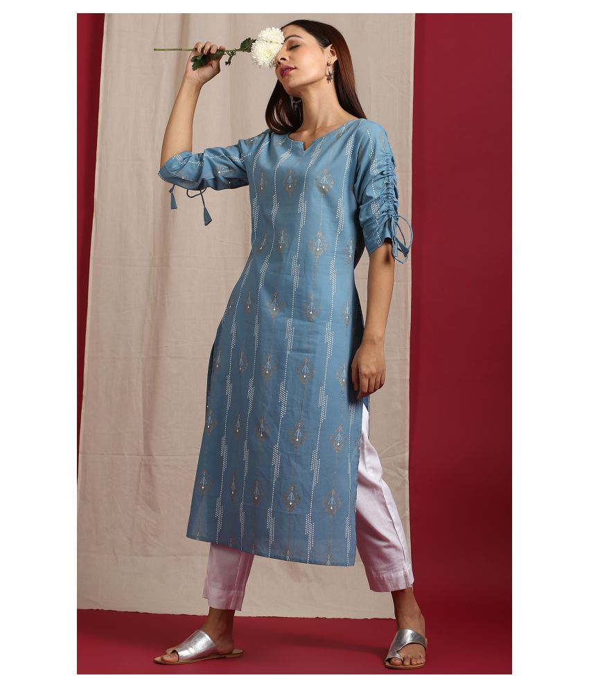     			Janasya - Blue Cotton Women's Straight Kurti ( Pack of 1 )