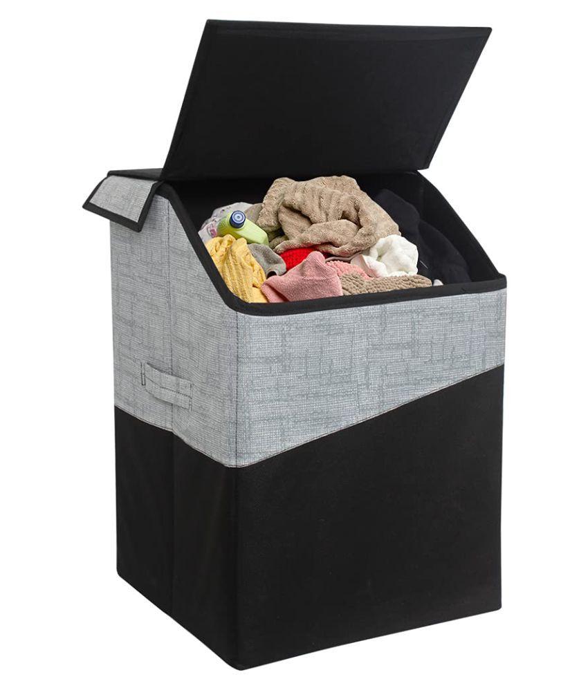     			PrettyKrafts Laundry Square Shape Basket Bag/Foldable/Multipurpose/Carry Handles/Slanting Lid for Home, Cloth Storage,(Single) Jute Black