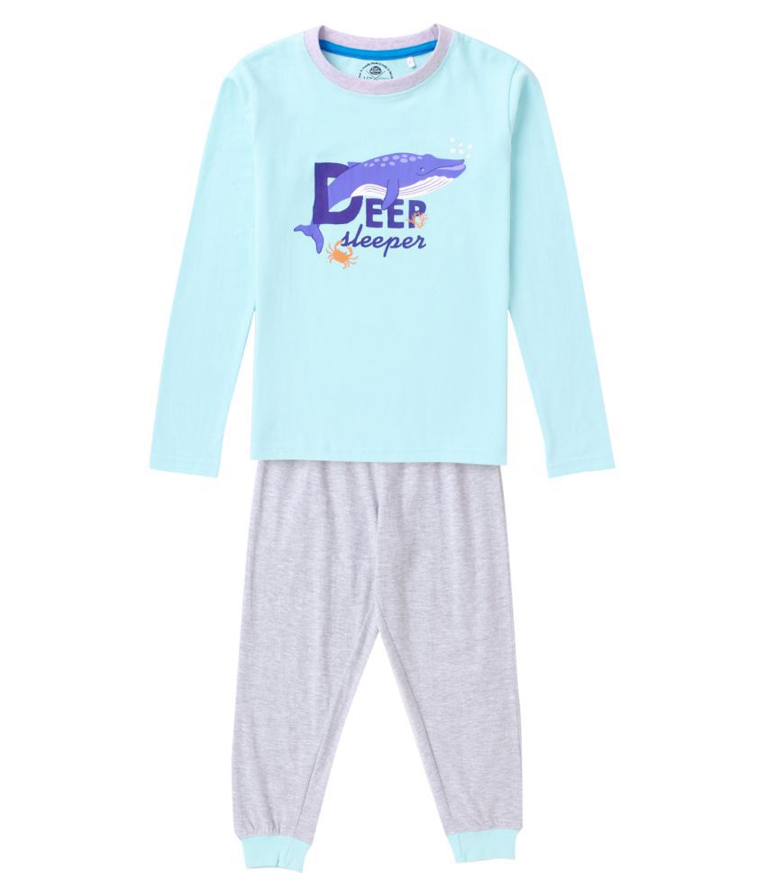 Cub McPaws Boys Nightwear Set - Blue full sleeve tee with Whale print pyjama