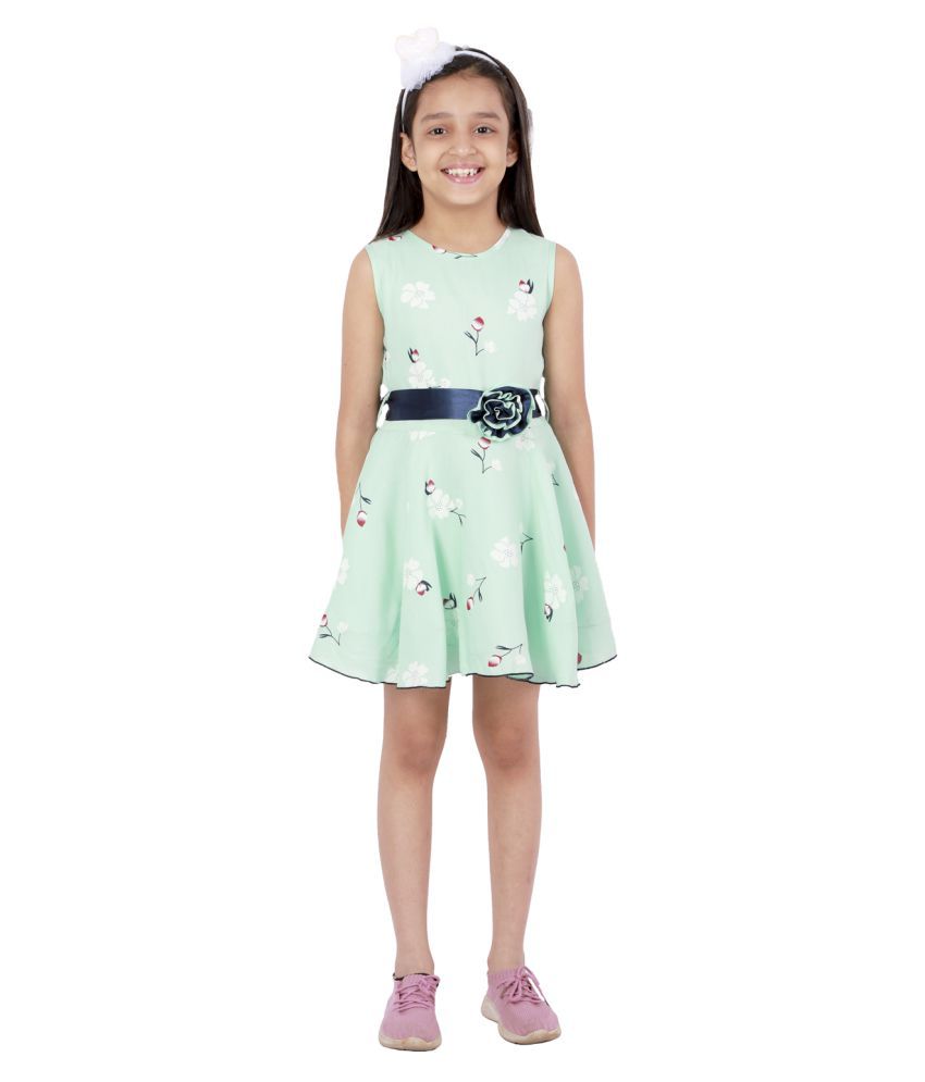     			Kids Cave Dress For Girls Fit And Flare Round Neck Knee Length Navy Blue Satin Waist Belt With Flower Fabric Rayon (Color Light Green Size 3-12 Years)