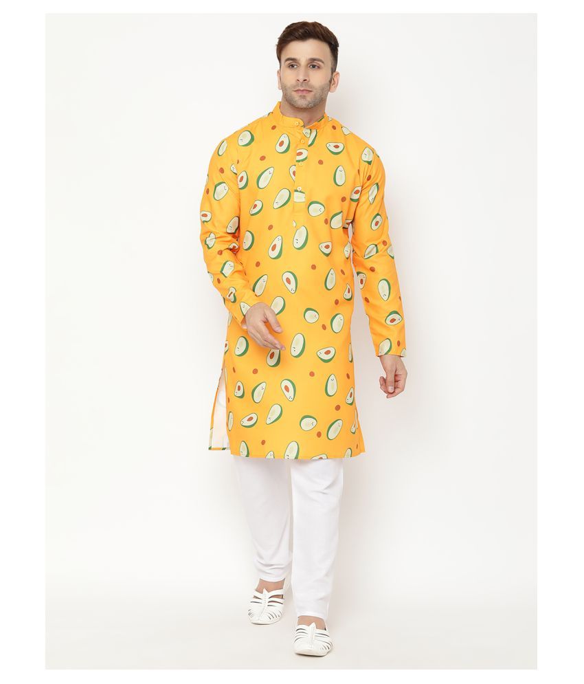     			Hangup Yellow Cotton Blend Kurta Pyjama Set Single Pack