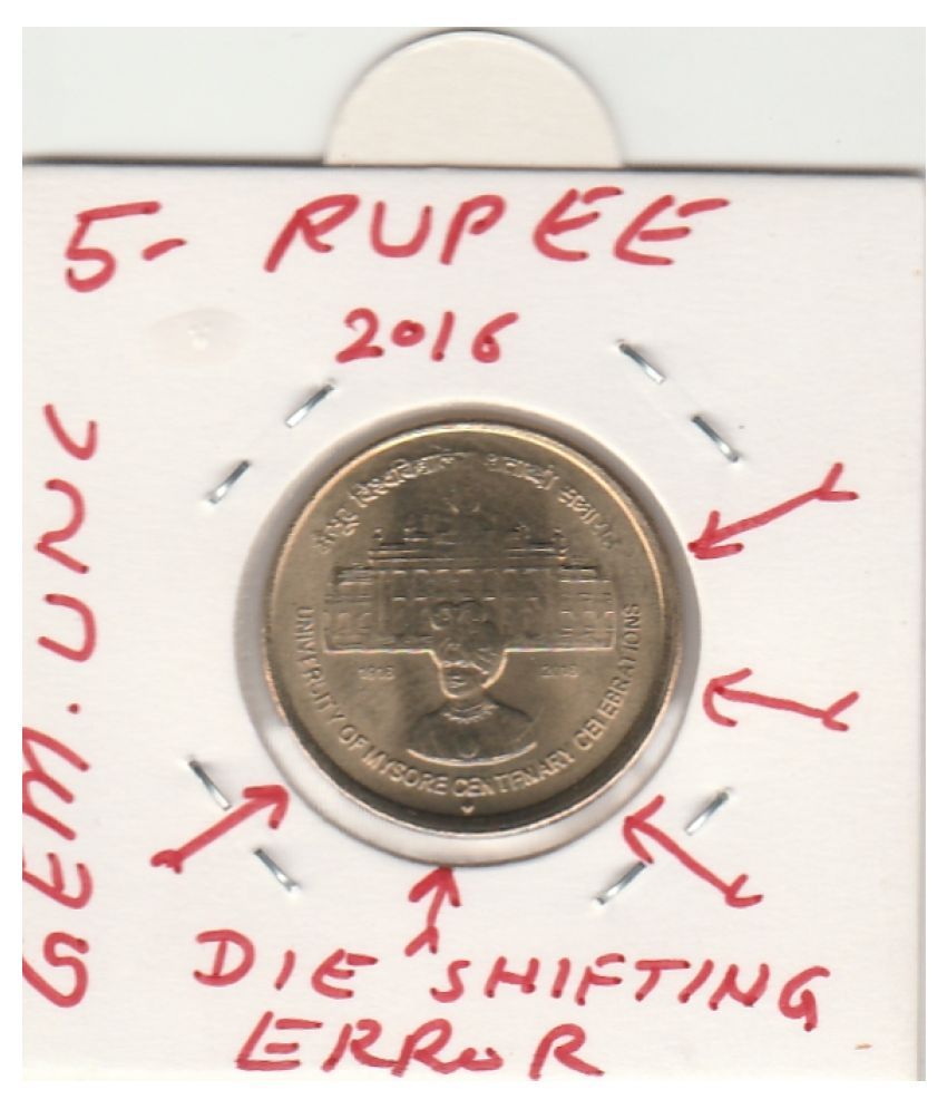     			NUMISMATTECLY RARE AND COLLECTIBLE .FIVE RUPEE UNIVERSITY OF MYSORE CENTENARY  CELEBRATION YEAR -1916-2016,WITH  MAD  ERROR  IN UNC CONDITION,BOMBAY MINT ,CHECK PICTURE CAREFULLY BEFORE ORDER AND PLEASE DONT PLACE FAKE ORDER .WIGHT-6 GRAMS.