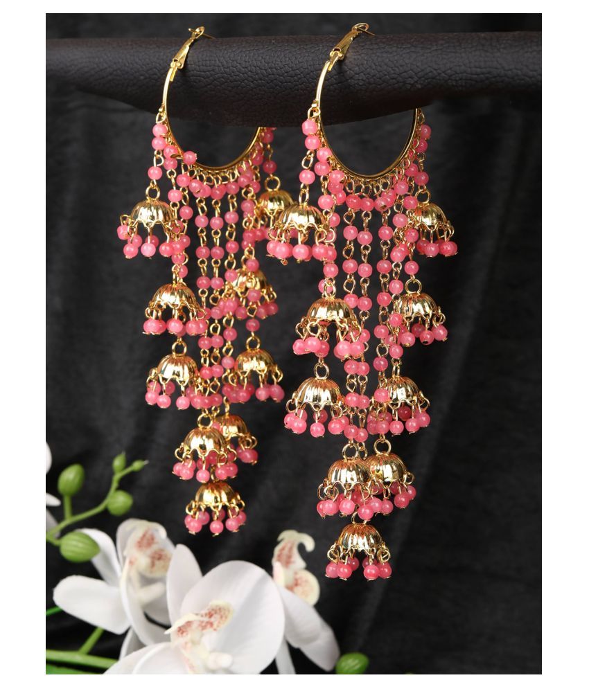     			Priyaasi Pink Beads Gold Plated Hoop Earring