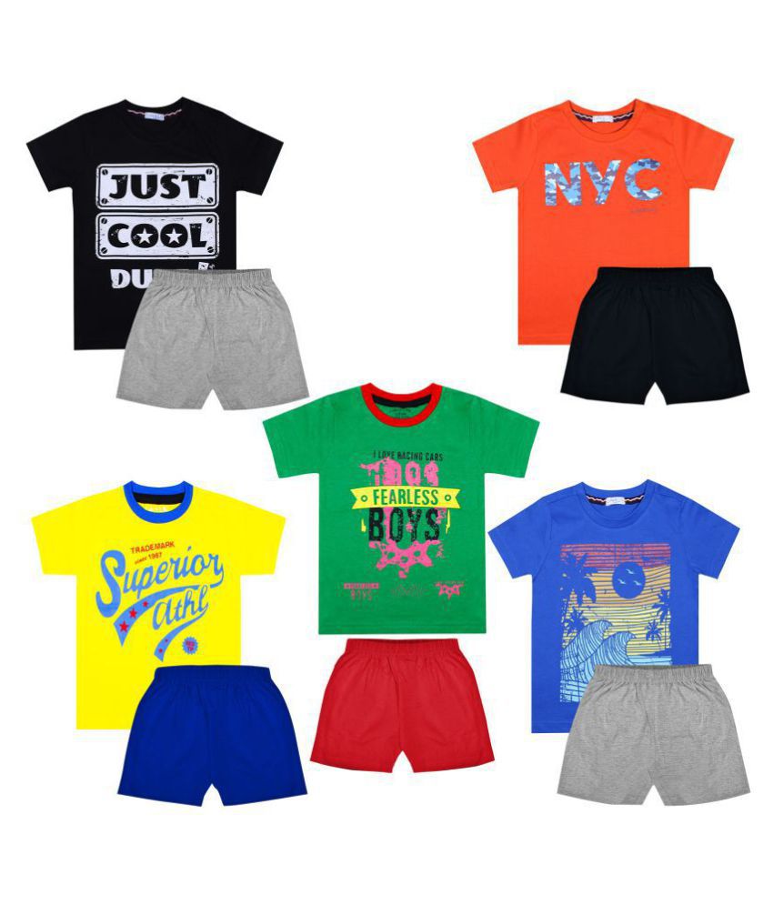 Luke and Lilly Boys Cotton Half Sleeve Multicolor Tshirt & Shorts Pack of 5