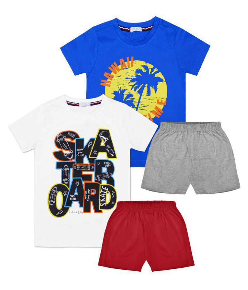    			Luke and Lilly Boys Pack Of 2 Printed Round Neck T-shirts and Plain Shorts