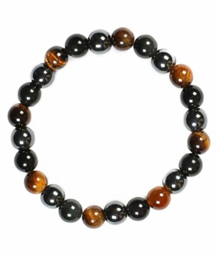     			8mm Black Agate + Silver Hematite and Yellow Tiger Eye Natural Agate Stone Bracelet