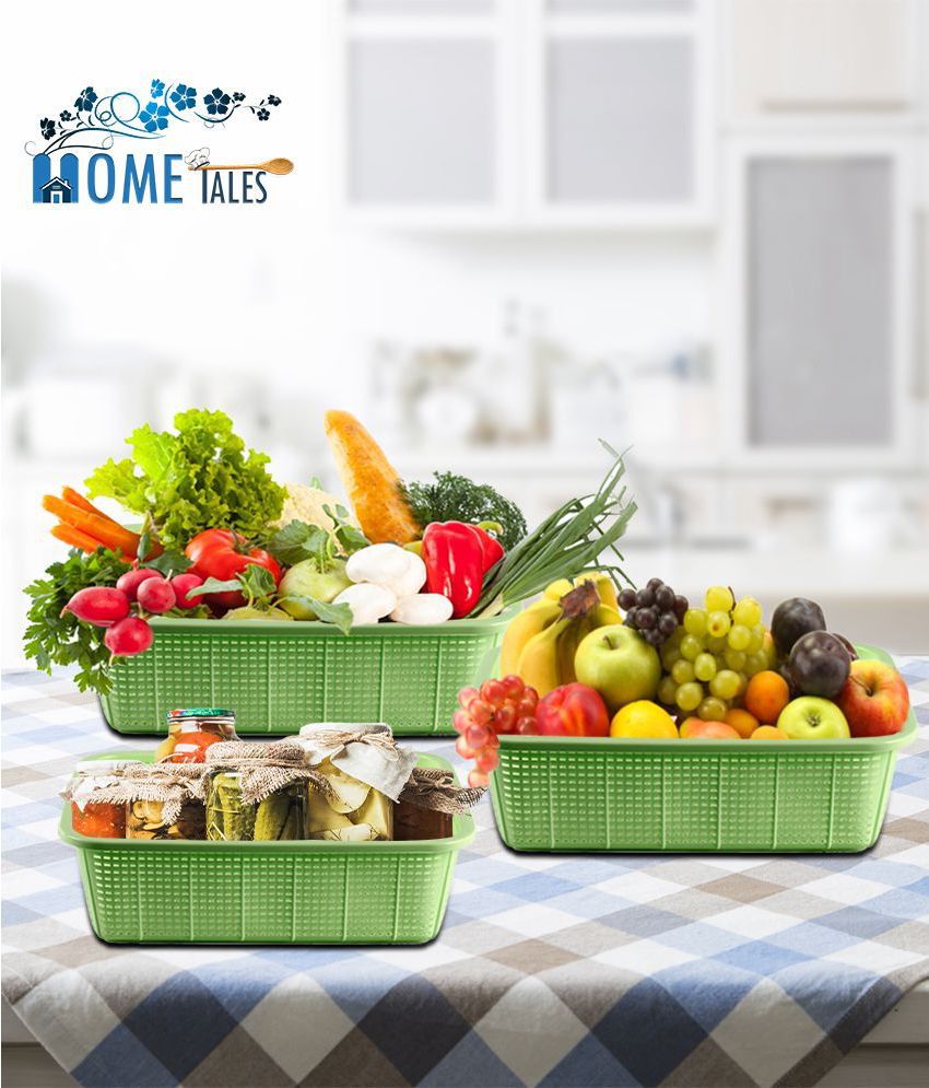 HOMETALES Multipurpose Basket Set of 3 (Med 2,Small 1) - Green
