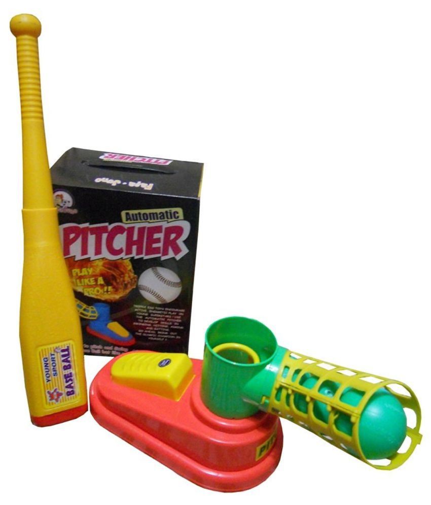 Toyshine Automatic Plastic Pitcher Game, Unbreakable, Includes 1 Bat, 3 Balls (Multicolor)