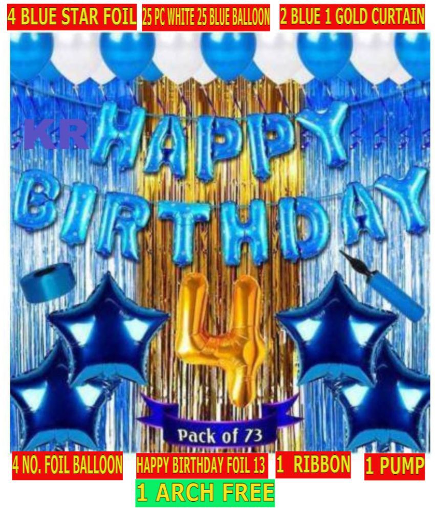     			KR Boy girl & kids Fourth/4th happy birthday Decoration  combo/kit  Happy Birthday Blue foil balloon pack material party decorations(Pack of 73)
