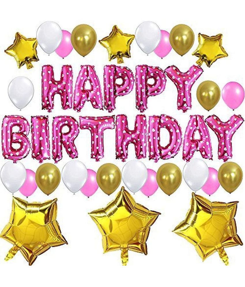     			Balloon Junction Themez Only "Happy Birthday" Letter Foil Balloon Decoration Combo (PINK) with 30 pcs Pink , Gold & White Metallic Balloons and 6 pcs Gold STAR Foil - Pack of 49 pcs