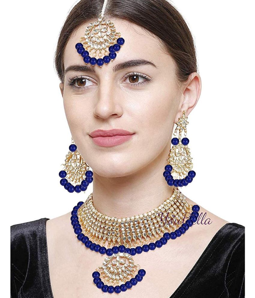     			YouBella Jewellery Sets for Women Gold Plated Kundan Wedding Bridal Necklace Jewellery Set with Earrings for Girls/Women (Blue)