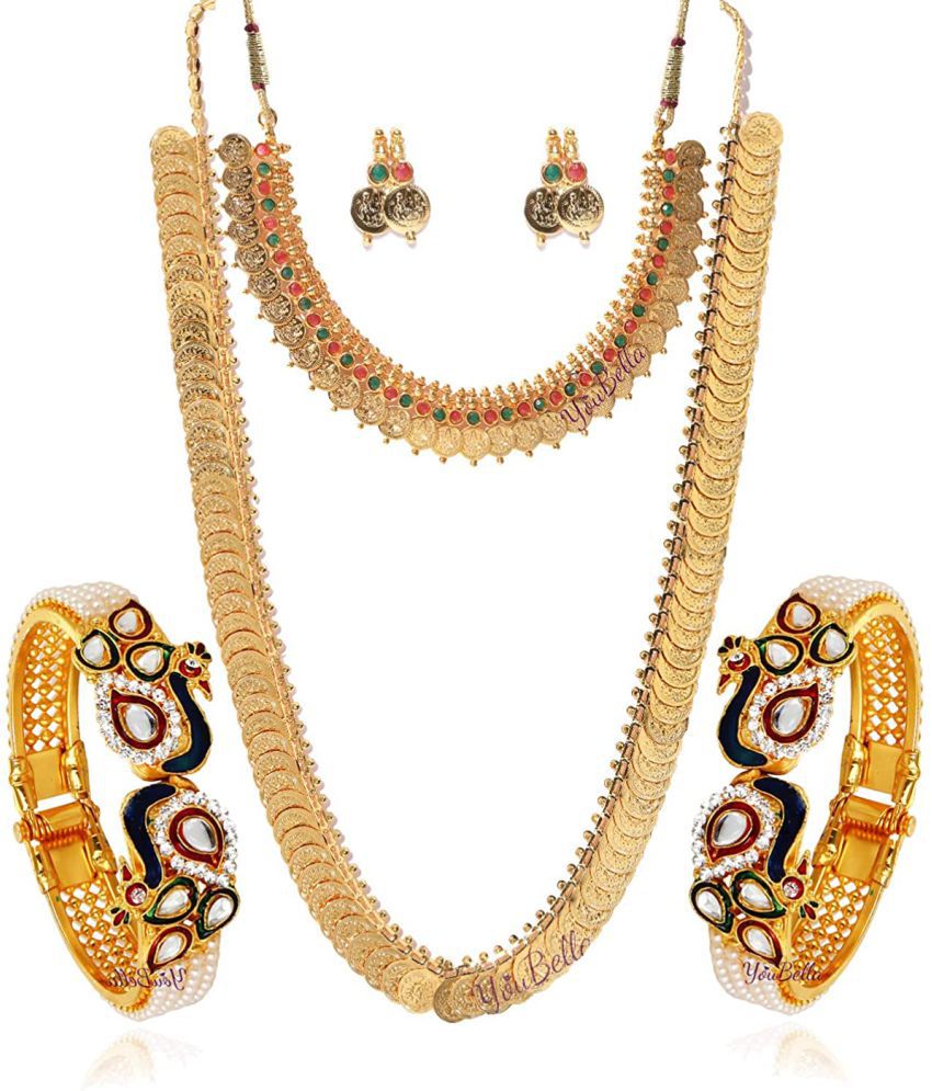     			YouBella Gold Plated Pearl Studded Bangles Jewelry, Long Maharani Temple Coin Necklace, Short Red Green Necklace and Earrings for Women