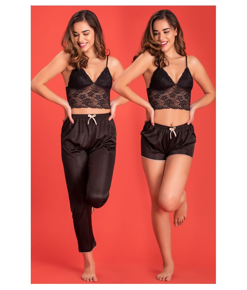     			Clovia Satin Nightsuit Sets - Black Pack of 3