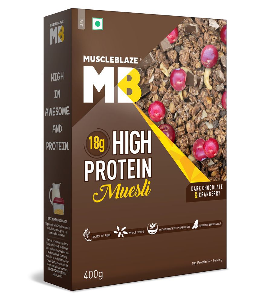 MuscleBlaze High Protein Muesli, Dark Chocolate & Cranberry, 18 g Protein, with Superseeds, Raisins & Almonds, Ready to Eat Healthy Snack, 400 g