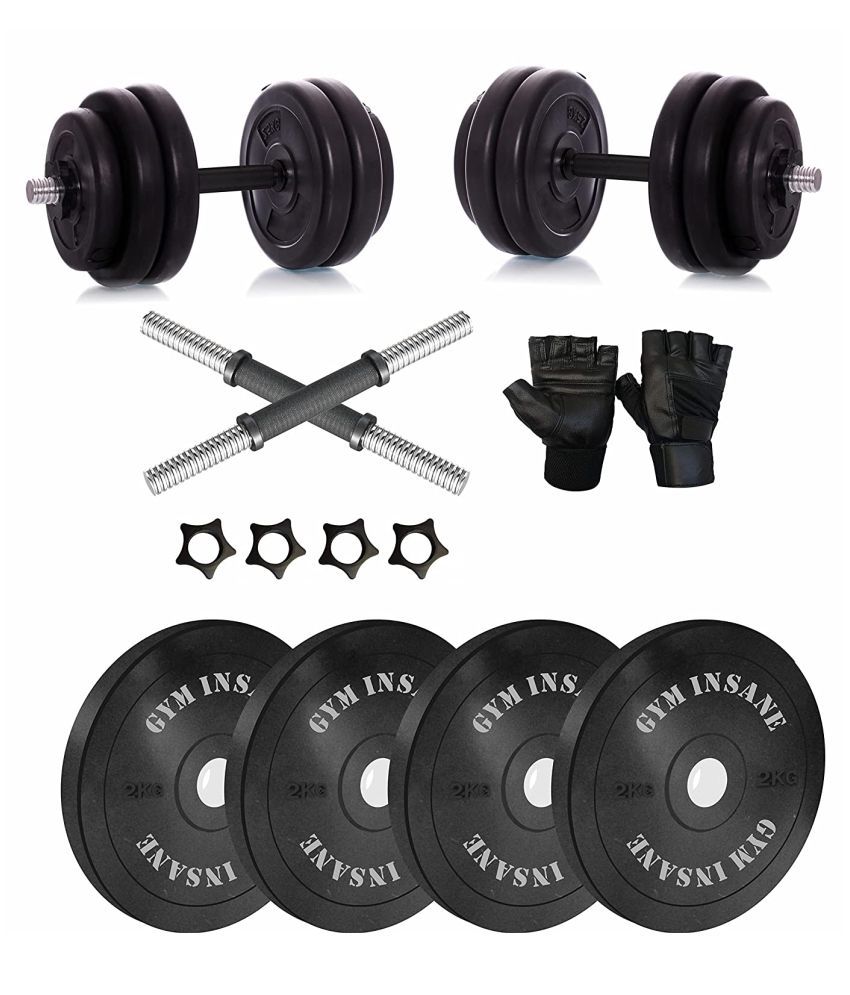 GYM INSANE 10 KG PVC Weight plate set 14” Dumbbell rod with gym ...