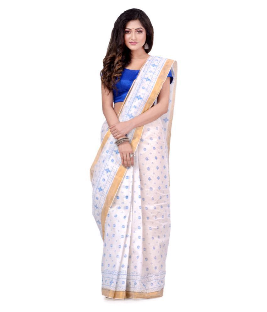     			Desh Bidesh - White Cotton Blend Saree Without Blouse Piece (Pack of 1)