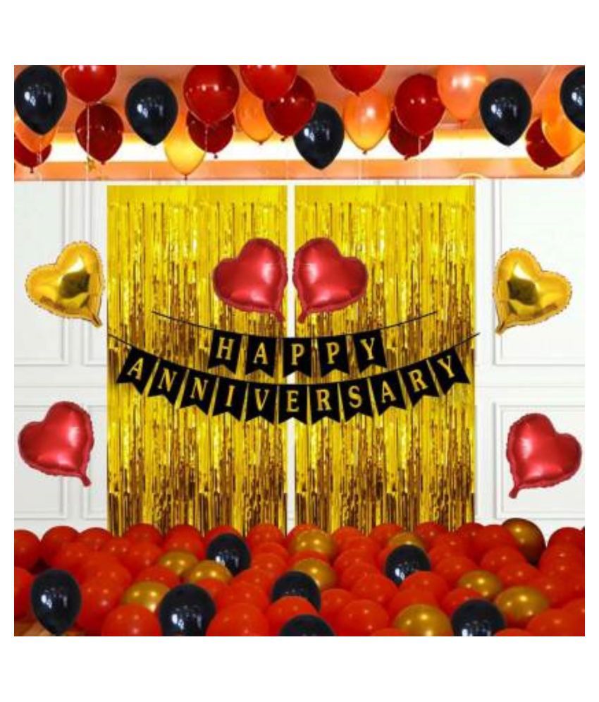     			KR Paper Happy Anniversary Decoration Items With Foil Curtain Banner, Balloons, Arch, Glue Dot, Red, 72 Pcs