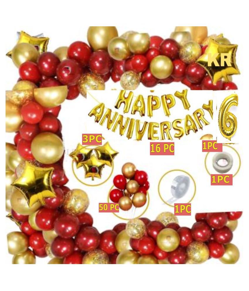     			KR Solid Red Gold Foil Boys Girls 6th Happy Anniversary Balloon Decoration Kit Combo (Pack of 76)