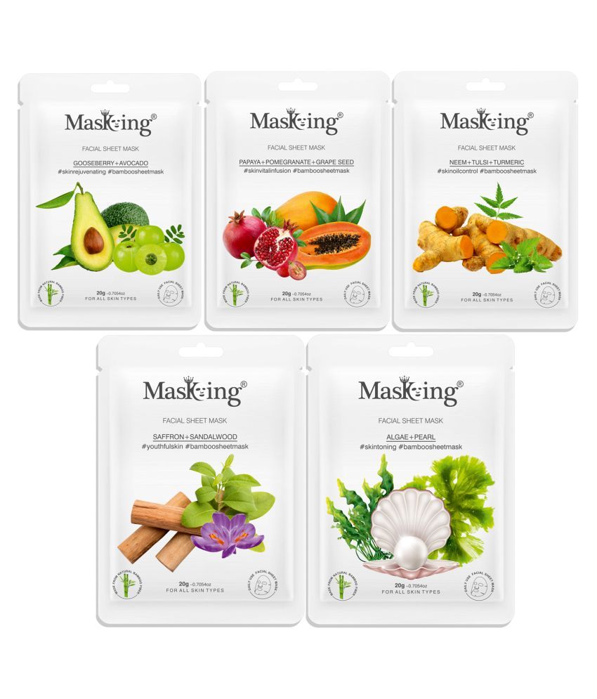     			Masking Bamboo Gooseberry Papaya Neem Saffron Algae Face Sheet Mask 100 ml Pack of 5