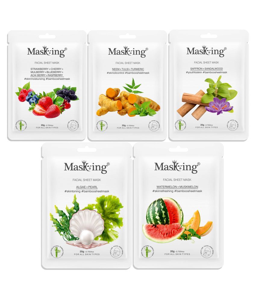     			Masking Bamboo Strawberry Neem Saffron Algae Watermelon Face Sheet Mask 100 ml Pack of 5