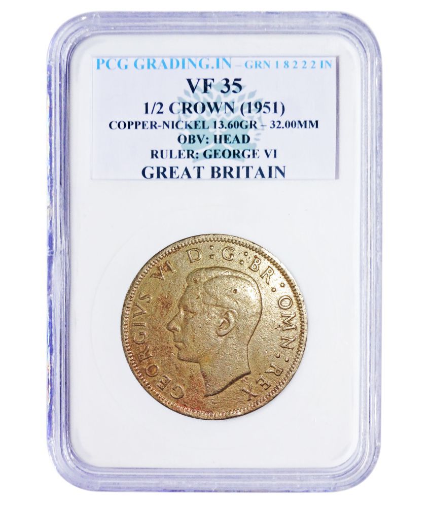     			(PCG GRADED) 1/2 CROWN (1951) OBV : HEAD RULER : GEORGE VI GREAT BRITAIN 100% ORIGINAL PCG GRADED COPPER - NICKLE COIN