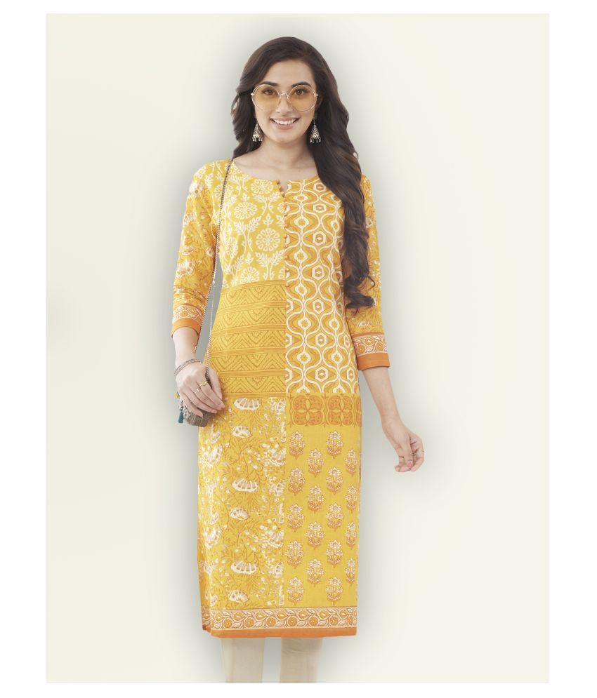     			Jevi Prints Yellow Cotton Straight Kurti - Single