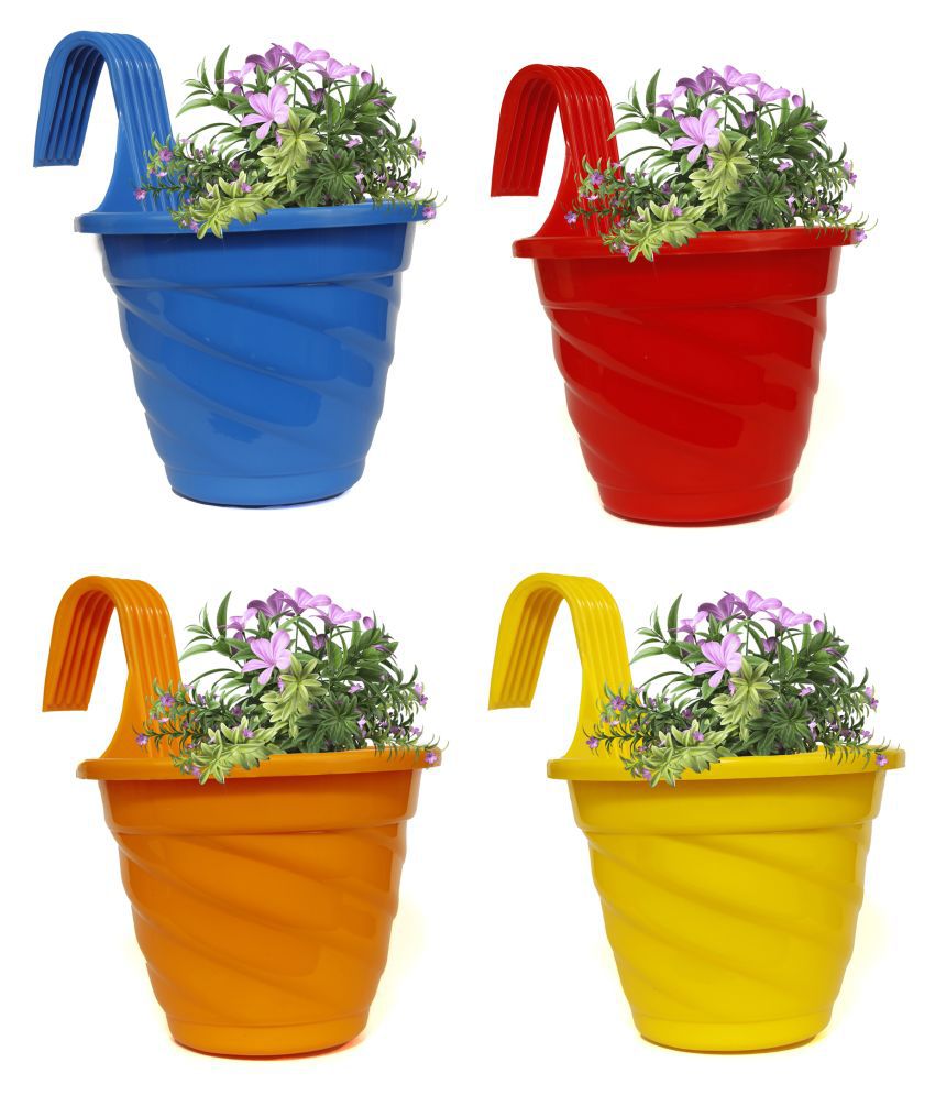Homspurts Plastic Single Hook Railing Twister Hanging Pot Planter Flower Pots Set of 4 Pieces(Assorted Colours)
