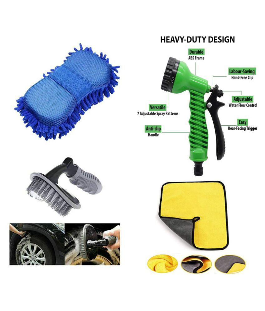    			INGENS CAR CLEANING KIT OF 7 FLOW WATER SPRAY GUN, 600 GSM MICROFIBER CLOTH DOUBLE SIDED , HARD TYRE CLEANING duster AND MICROFIBER CLEANING SPONGE(PACK OF 4)