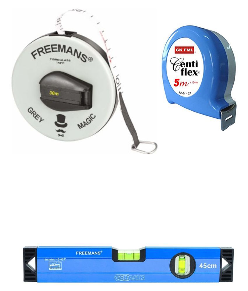 Freemans Grey Magic 30 Mtr Measuring Tape/Centi Flex 5 Mtr Measuring Tape/Spirt Level 45 cm.