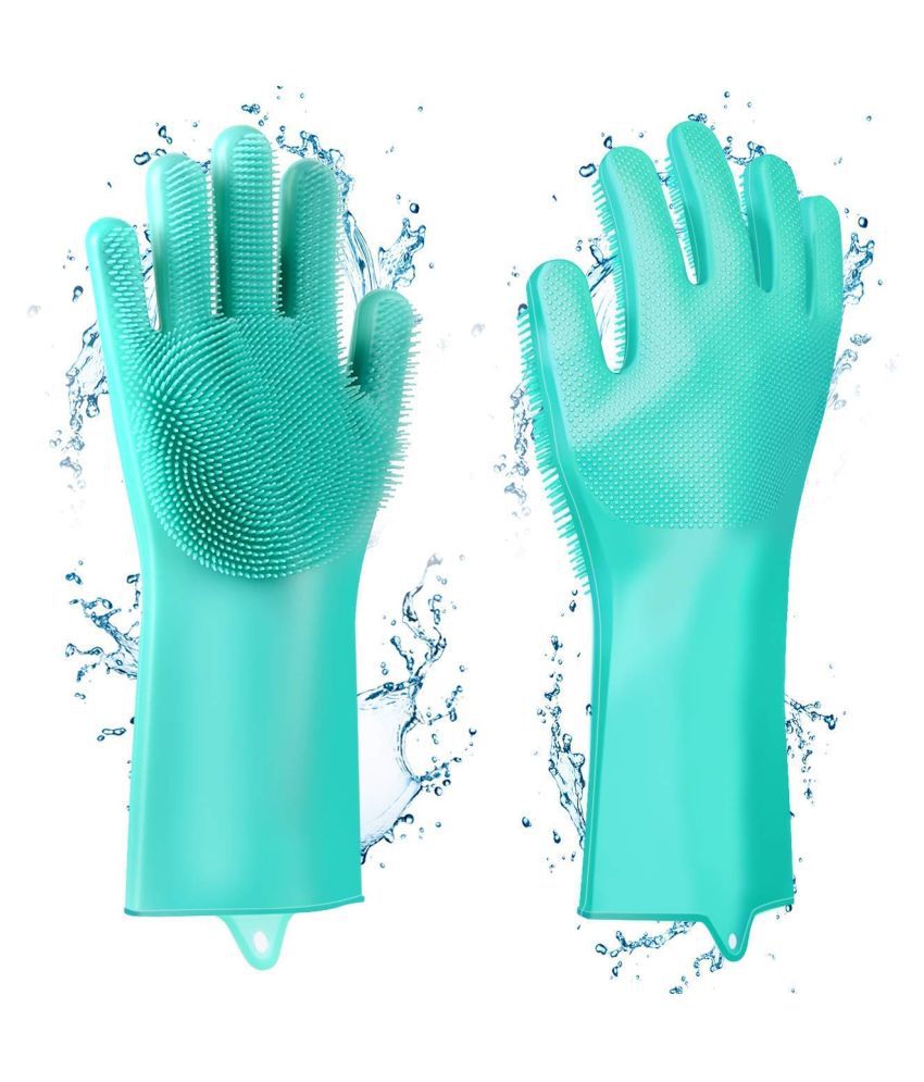     			Silicon Hand Gloves with Scrubber for Kitchen Cleaning, Utensils Rubber Universal Size