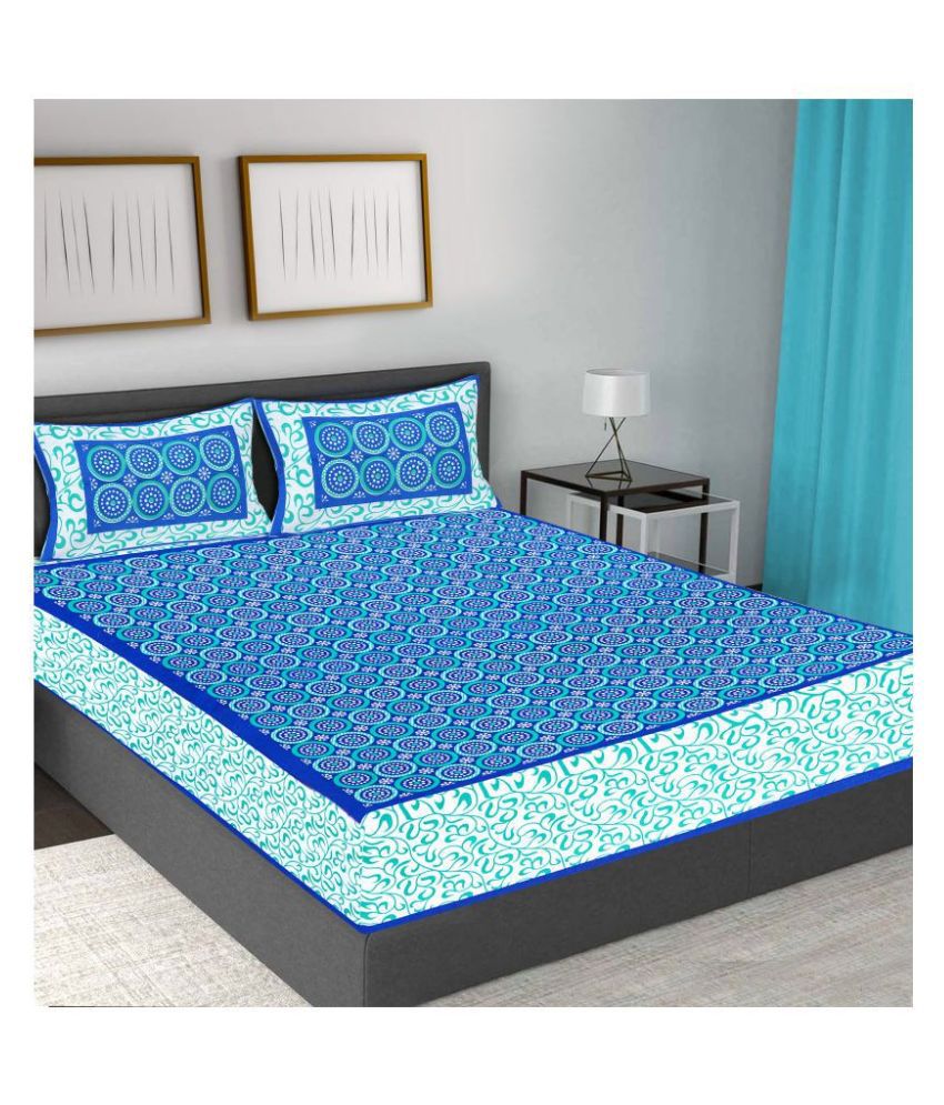     			Frionkandy Cotton Abstract Printed Queen Bedsheet with 2 Pillow Covers - Blue