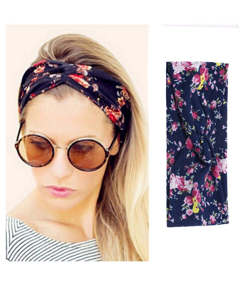     			FOK 2 Pc Flower Printed Twist Knotted Yoga Sport Head Wrap Hairband Women and Girls - Blue