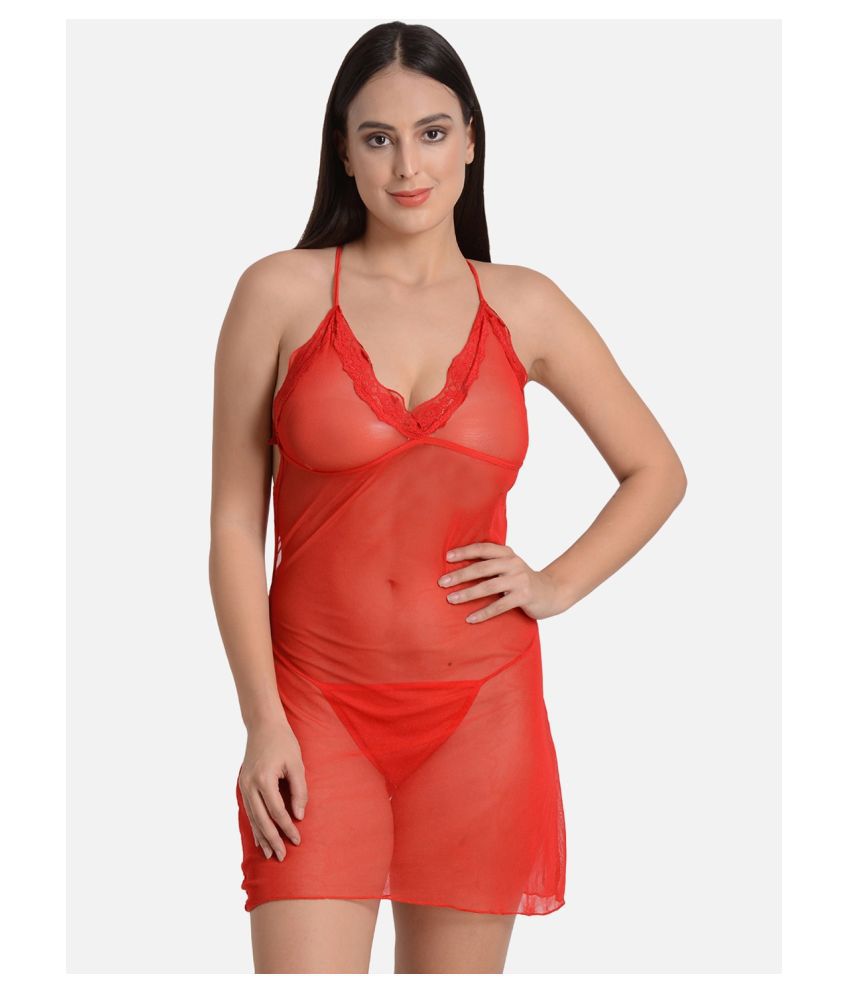     			CELOSIA Net Baby Doll Dresses With Panty - Red Single
