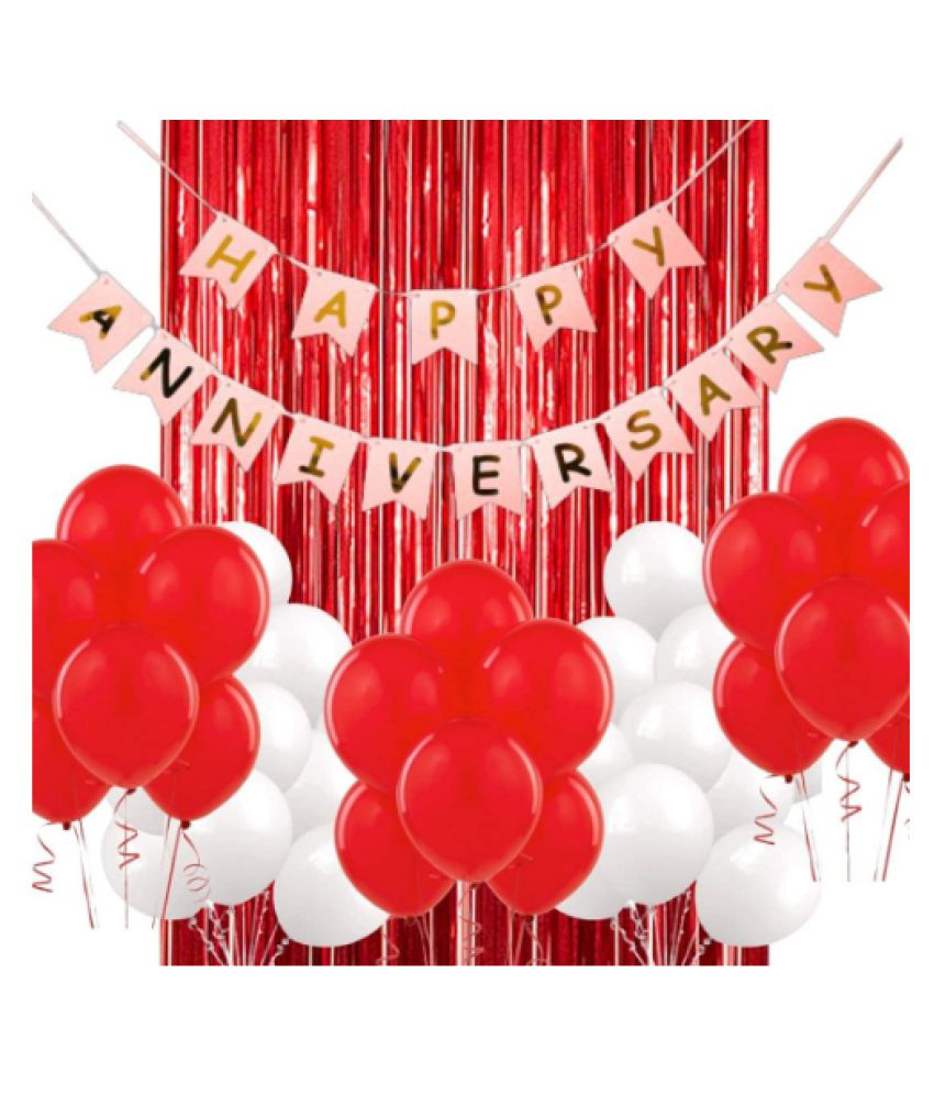 Blooms Event Happy Anniversary  Red Banner, 1 Red fringe,  10 pcs Red, 10 pcs White Balloons Set of 22 Pcs