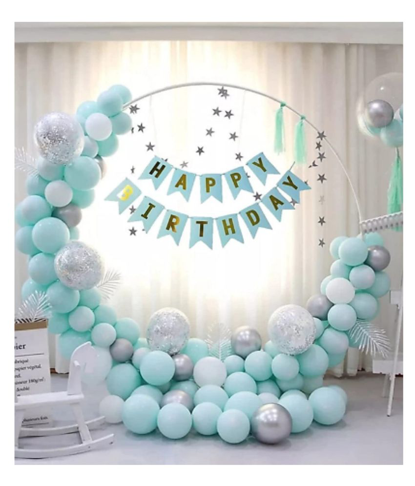    			Blooms Event   Happy Birthday Decoration Kit 55 Pcs Combo Pack - 1 Pc Happy Birthday Banner (Blue & Golden Color) + 4 Pcs Silver Confetti Balloons + 10 Pcs Silver Chrome Balloons + 40 Pcs Blue Pastel Balloons
