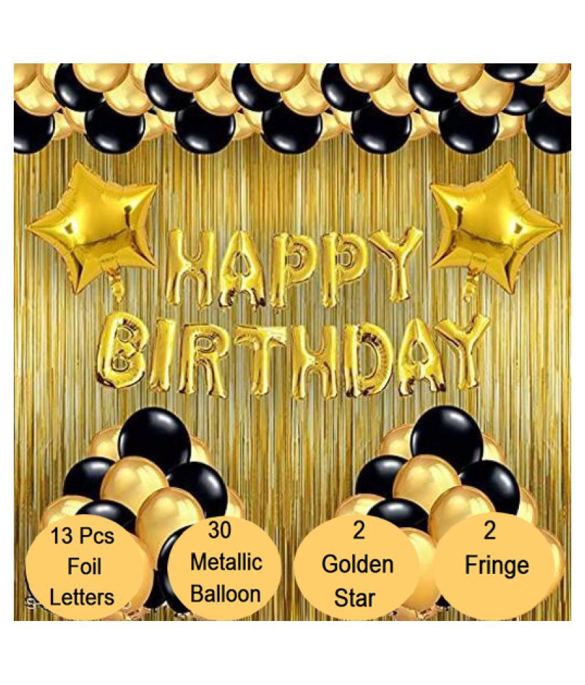    			Kiran Enterprises Happy Birthday Foil Letter Balloon ( Golden ) + 2pcs Golden Star Foil + 2pcs Golden Fringe Curtain + 30 Metallic Balloon ( Black, Gold )