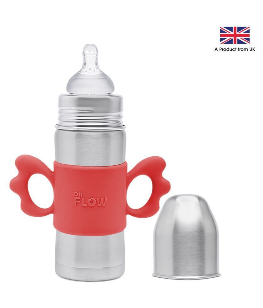 Dr.Flow Vogue+ Stainless Steel Baby Feeding Bottle with Silicone Handle & Silicone Closing Disc 360ml/12oz |100% Plastic free &  Non-Toxic Stainless Steel | 304 (18/8) Grade Stainless Steel | Anti Colic Silicone Teat | DF9010, Red Color