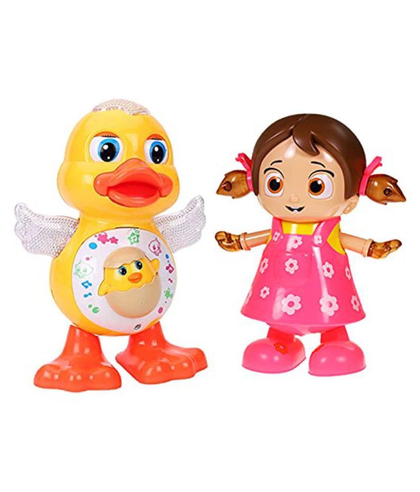 WISHKEY Plastic Cute Dancing Duck & Doll with Music & Bright Colorful Flashing Lights and Attractive Real Dancing Action for Kids ( Pack of 2, Multicolor)