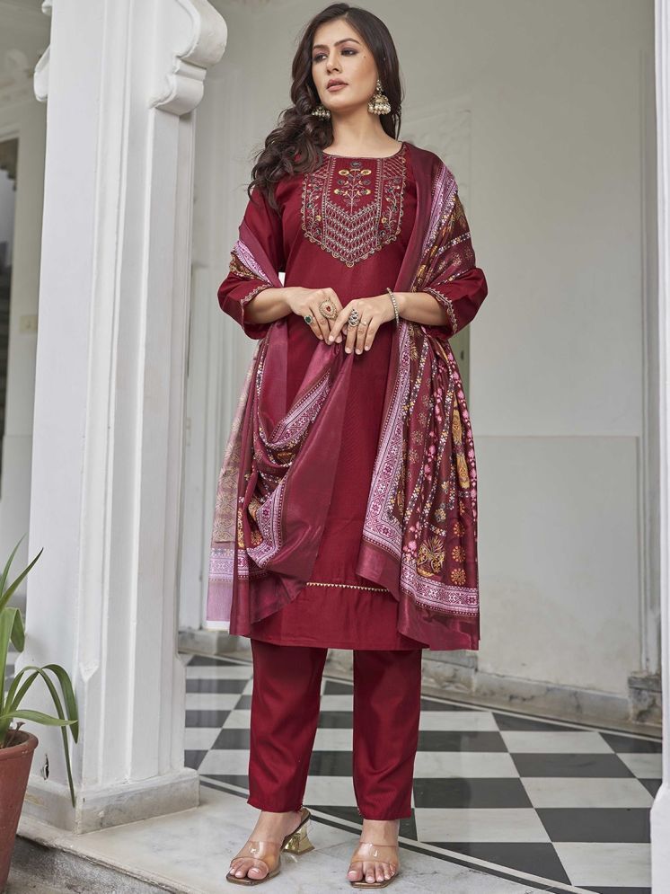     			AWRIYA Cotton Blend Embroidered Kurti With Pants Women's Stitched Salwar Suit - Maroon ( Pack of 1 )