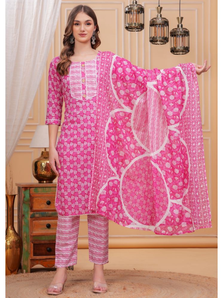     			HIGHLIGHT FASHION EXPORT Cotton Printed Kurti With Pants Women's Stitched Salwar Suit - Pink ( Pack of 1 )