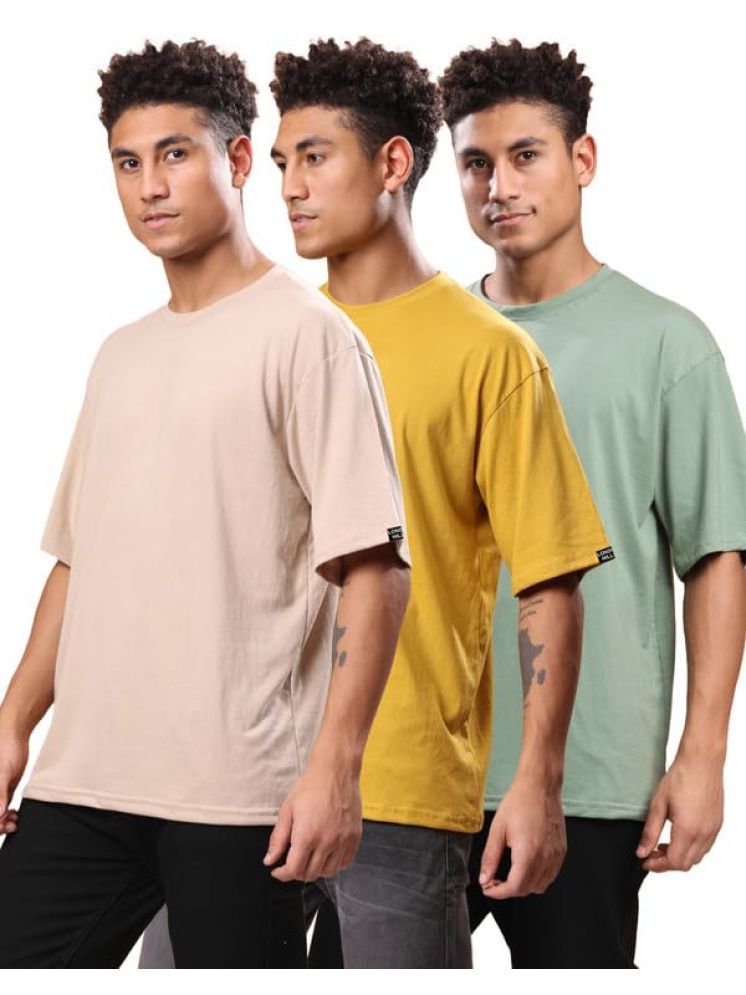     			LONDON HILLS Cotton Blend Oversized Fit Solid Half Sleeves Men's Round T-Shirt - Mustard ( Pack of 3 )