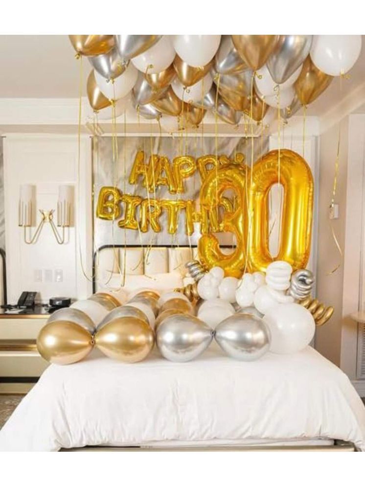     			PartyBooms Happy BIrthday Gold Foil Decoration, 30 Number Gold Foil Balloon, 15 Gold, 15 White, 15 Silver Metalic Balloons Pack of 48