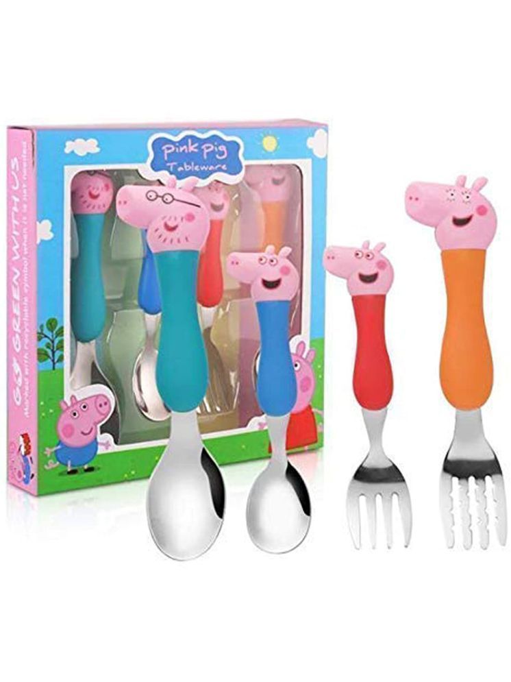     			Seema Kitchenware Pink Peppa Pig Family Cartoon Theme Stainless Steel Spoon & Fork Set for Kids-Baby Feeding Spoon and Fork Set (Multicolor,Pack of 1)